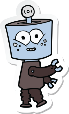 Bir insan tarafından çizilmiş mutlu çizgi film robotunun çıkartması.