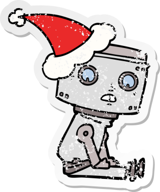 Bir insan tarafından çizilmiş Noel Baba şapkası takan bir robotun çizilmiş el yazısı.