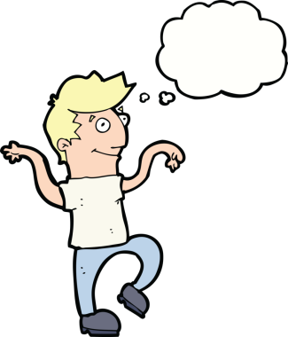 çizgi film mutlu adam bir insan tarafından çizilmiş düşünce baloncuğuyla komik dans yapıyor