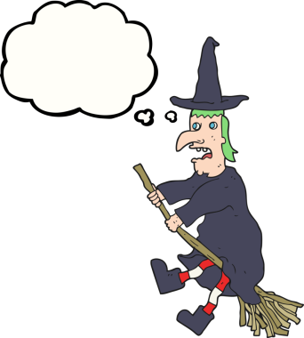 Bir insan tarafından çizilmiş süpürge üzerinde uçan serbest çizim düşünce balonu çizgi film cadısı.