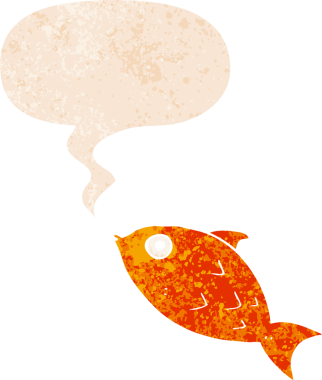 grunge 'da konuşma baloncuğu olan karikatür balığı bir insan tarafından çizilmiş dertli retro stil.