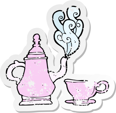 Bir insanın çizdiği kahve demliği ve fincanın gerilimli retro yapıştırması.