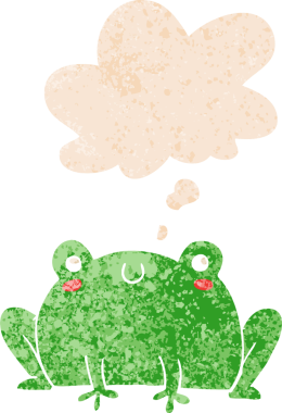 Düşünce baloncuğu ile çizgi film kurbağası grunge sıkıntılı retro dokuma tarzı bir insan tarafından çizilmiş