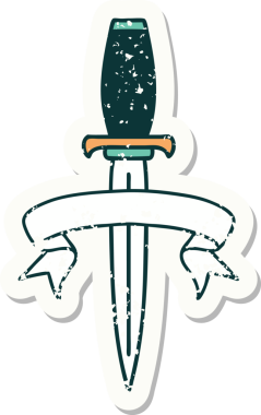 Bir insan tarafından çizilmiş bir hançerin bayrağı olan eski bir etiket.