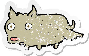 Bir insan tarafından çizilmiş küçük bir köpeğin gerilmiş çizgi film çıkartması.