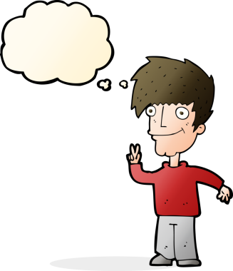 Bir insan tarafından çizilmiş düşünce baloncuğuyla barış işareti yapan çizgi film adamı.