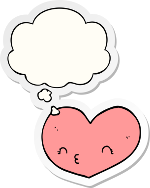insan tarafından çizilmiş bir çıkartma gibi yüzü ve düşünce baloncuğu olan karikatür kalp.