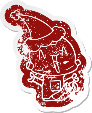 Bir insan tarafından çizilmiş Noel Baba şapkası takan bir robotun tuhaf çizgi film ikonu