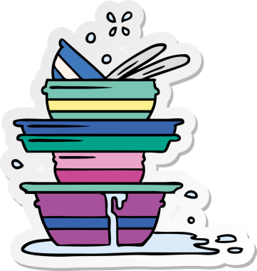 Bir insan tarafından çizilmiş bir yığın kirli tabağın el çizimi karikatürü.