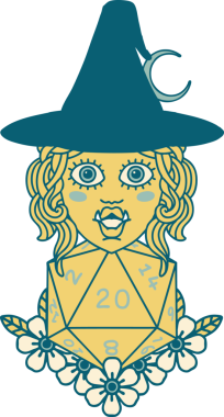 Retro Dövme Biçimi Yarı Ork Cadı Bir insan tarafından çizilmiş 20 zar ile