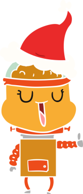 Bir insan tarafından çizilmiş Noel Baba şapkası takan bir robotun düz renk çizimi.