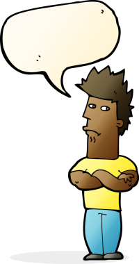 Bir insan tarafından çizilmiş konuşma balonuyla surat asan çizgi film adamı.