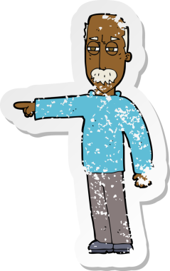 Bir karikatürün gerilimli çıkartması. Yaşlı bir adam el kol hareketi yapıyor. Bir insan tarafından çizilmiş.