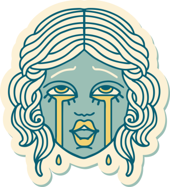 Geleneksel stil dövme çıkartması. Bir insan tarafından çizilmiş çok mutlu, ağlayan bir kadın yüzü.