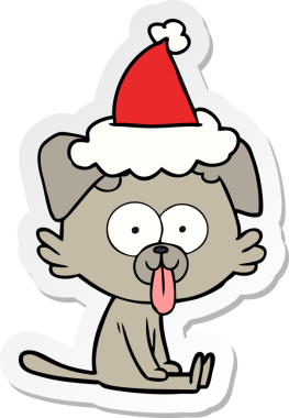 Bir insan tarafından çizilmiş Noel Baba şapkası giymiş, dili dışarı çıkmış oturan bir köpeğin el yazısı.
