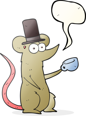 Bir insan tarafından çizilmiş fincanlı ve silindir şapkalı serbest konuşma balonu çizgi film faresi