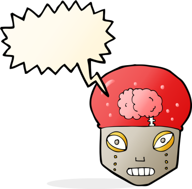 bir insan tarafından çizilmiş konuşma baloncuklu ürkünç robot kafası.