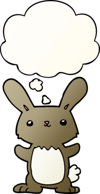 Düşünce baloncuğu olan sevimli çizgi film tavşanı bir insan tarafından çizilmiş.