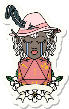 Ağlayan bir elf şair karakterinin çıkartması. Bir insan tarafından çizilmiş doğal bir D20 rulosu.