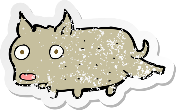 Bir insan tarafından çizilmiş küçük bir köpeğin gerilmiş çizgi film çıkartması.