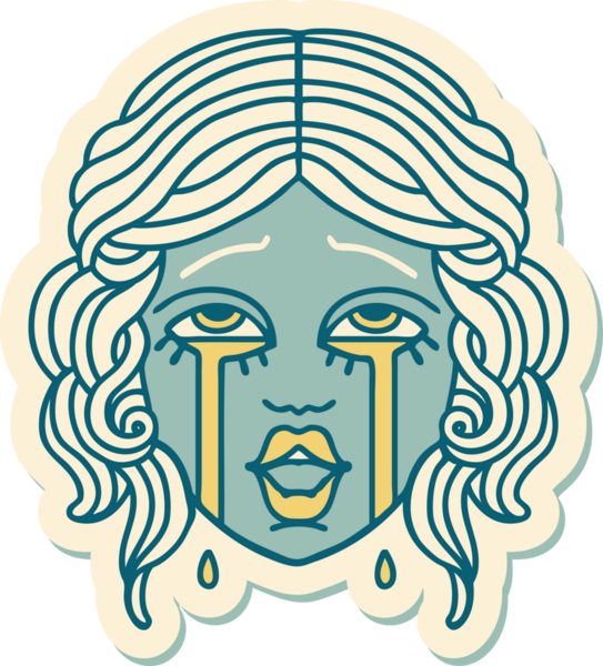 Geleneksel stil dövme çıkartması. Bir insan tarafından çizilmiş çok mutlu, ağlayan bir kadın yüzü.