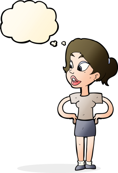 Bir insan tarafından çizilmiş düşünce baloncuğu olan elleri kalçasında çizgi film kadını.