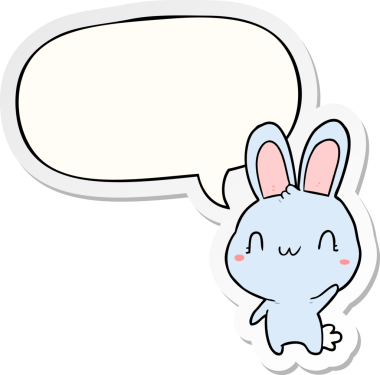 Bir insan tarafından çizilmiş konuşma kabarcığı çıkartmalı şirin çizgi film tavşanı.