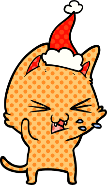 Bir insan tarafından çizilmiş Noel Baba şapkası giyen bir kedinin el çizimi çizgi roman tasviri.