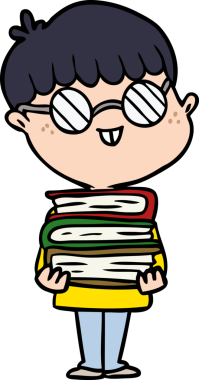 Bir insan tarafından çizilmiş gözlüklü ve kitaplı inek çocuk.