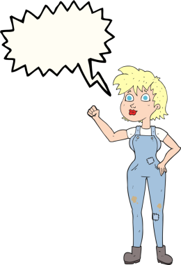 Serbest konuşma balonu karikatürü. Kendine güvenen çiftçi kadın bir insan tarafından çizilmiş.