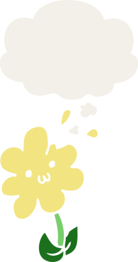 Düşünce baloncuğu olan karikatür çiçeği insan tarafından çizilmiş.