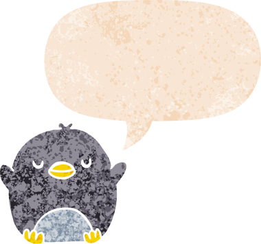 grunge 'da konuşma balonu olan karikatür pengueni bir insan tarafından çizilmiş tedirgin geçmiş dokulara sahip.