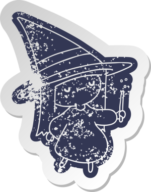 Bir insan tarafından çizilmiş sevimli bir kawai cadısının sıkıntılı eski çizgi film çıkartması.