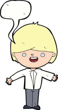 Bir insan tarafından çizilmiş konuşma balonuyla kolları açık mutlu çocuk çizgi filmi.