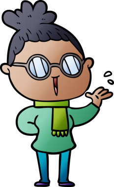 Bir insan tarafından çizilmiş gözlüklü bir karikatür kadın.