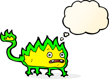 Bir insan tarafından çizilmiş düşünce baloncuğu olan küçük ateş şeytanı.