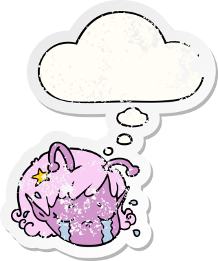 Uzaylı çizgi film kızı, insan tarafından çizilmiş yıpranmış bir çıkartma gibi düşünce baloncuğuyla ağlıyor.