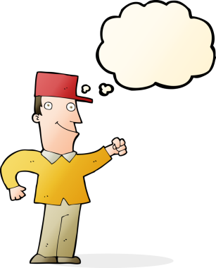 Bir insan tarafından çizilmiş düşünce baloncuğuyla havayı yumruklayan çizgi film adamı.