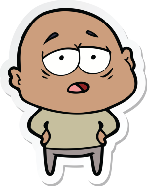 Bir insan tarafından çizilmiş, yorgun, kel bir adamın çıkartması.