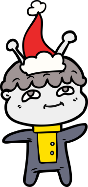 Bir insan tarafından çizilmiş Noel Baba şapkası giymiş bir uzay adamı çizimi.