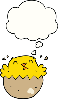 Bir insan tarafından çizilmiş düşünce baloncuğu olan yumurtadan çıkan bir karikatür.