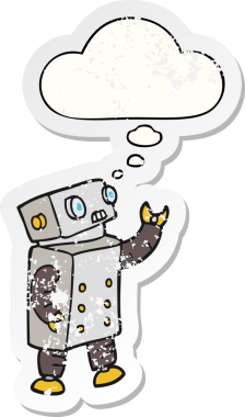 Düşünce baloncuğu olan karikatür robotu bir insan tarafından çizilmiş yıpranmış bir çıkartma.