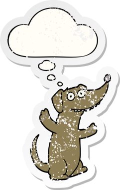 Düşünce baloncuğu olan çizgi film köpeği insan tarafından çizilmiş yıpranmış bir çıkartma gibi.