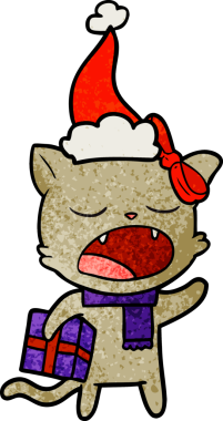 Bir insan tarafından çizilmiş Noel Baba şapkası giymiş bir kedinin el çizimi karikatürü.