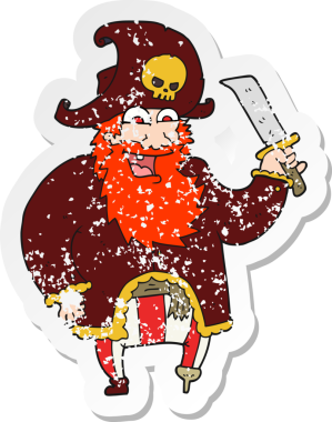 Bir insan tarafından çizilmiş korsan karikatür kaptanının sıkıntılı retro yapıştırması.