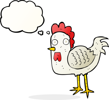 Bir insan tarafından çizilmiş düşünce balonlu çizgi film tavuğu.