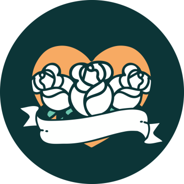 İkonik dövme stili bir kalp ve bir insan tarafından çizilmiş çiçekli pankart.