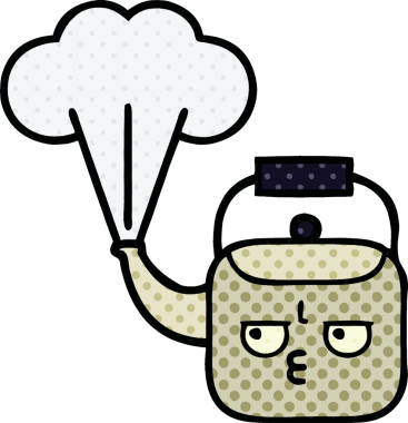 Bir insan tarafından çizilmiş dumanı tüten bir çaydanlığın çizgi romanı.