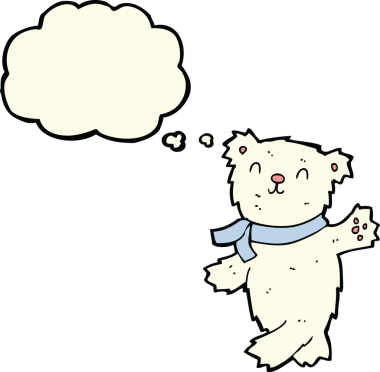 Bir insan tarafından çizilmiş düşünce balonuyla oyuncak kutup ayısını sallayan çizgi film.