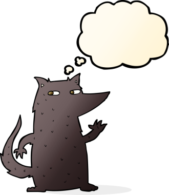 Bir insan tarafından çizilmiş düşünce baloncuğuyla el sallayan bir kurt.